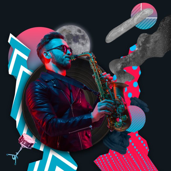 Young man playing saxophone isolated over black red blue abstract background. Contemporary art collage. Inspiration, idea, trendy magazine style. Music, dance party concept Copy space for text, ad.
